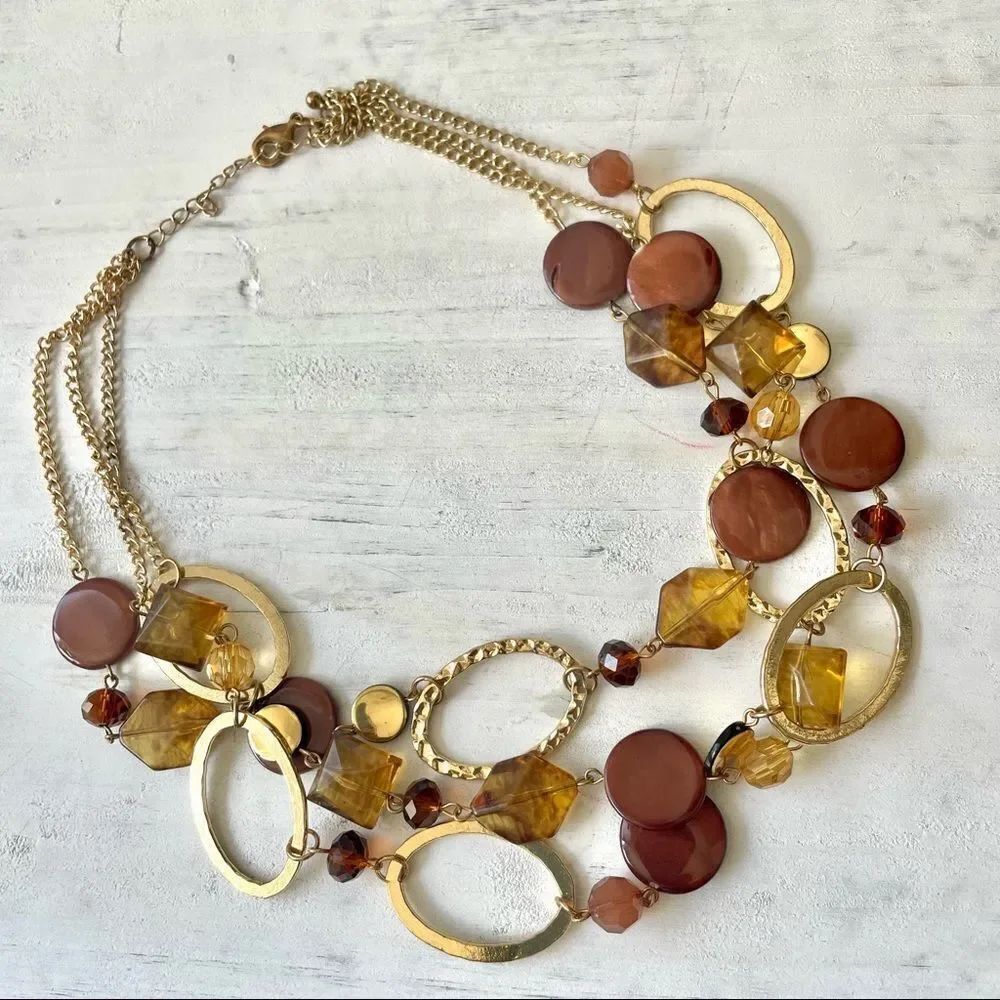 Gold and brown tone multi strand statement necklace